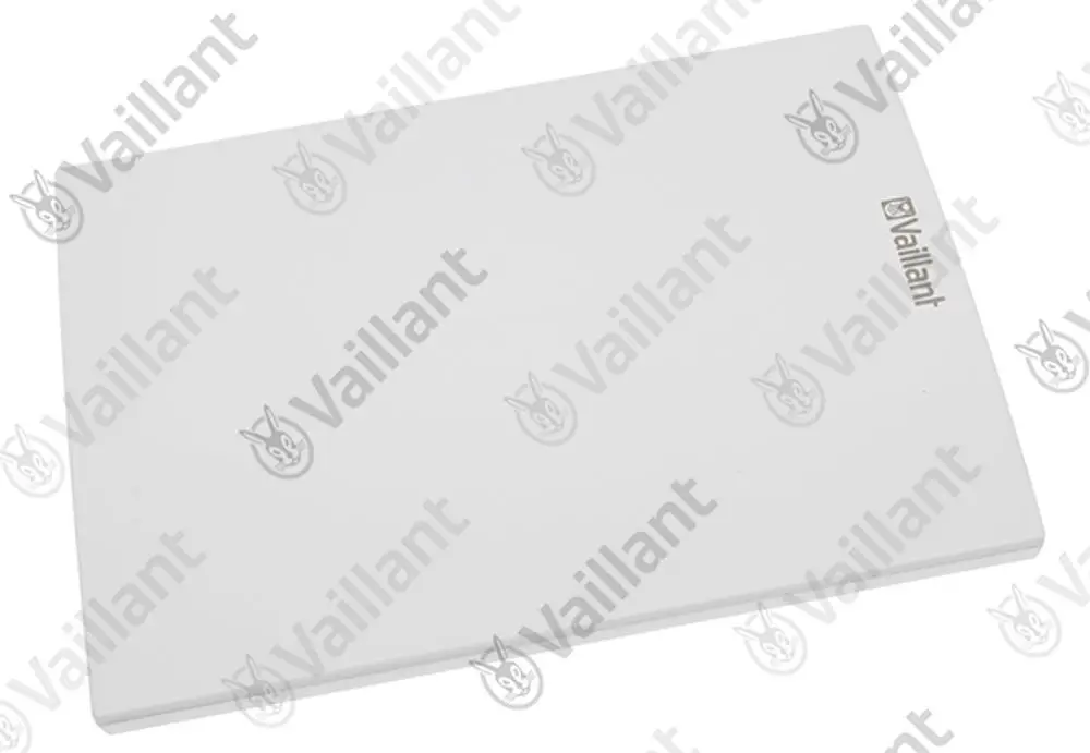 Weißes Frontblech der Marke Vaillant, rechteckige Form, mit Logo in der oberen rechten Ecke. Oberfläche ist glatt und einfarbig.